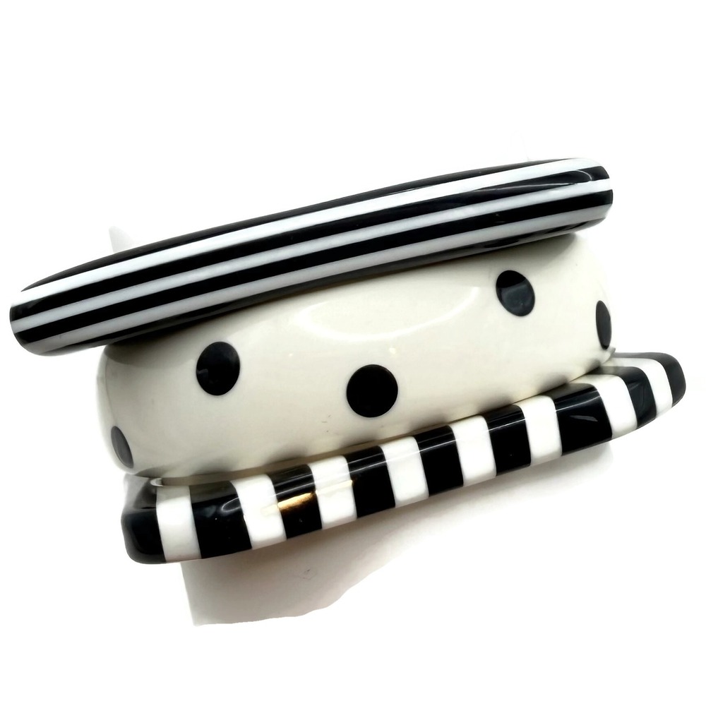 Vintage Bangle Bracelet Set of 3 Petite Stack Black White Polka Dot Striped Mod - Picture 6 of 9